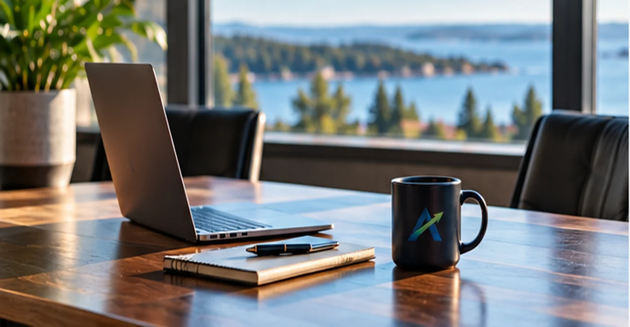 Modern workspace with laptop, notebook, and coffee mug